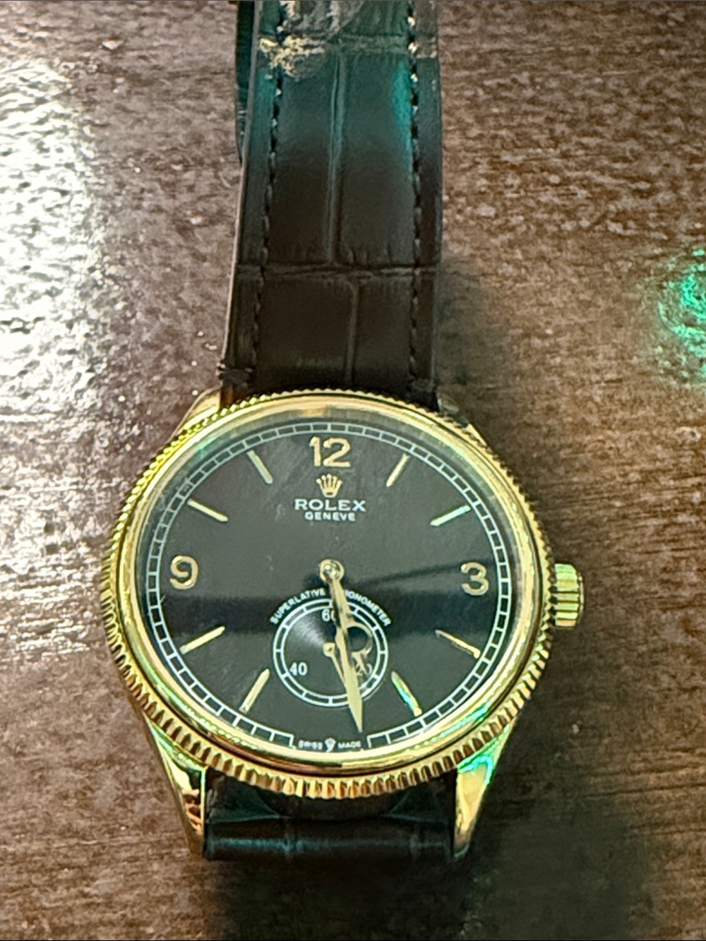 Watch, Gold Case Black Dial Men's Leather Strap Watch Perpetual 1908